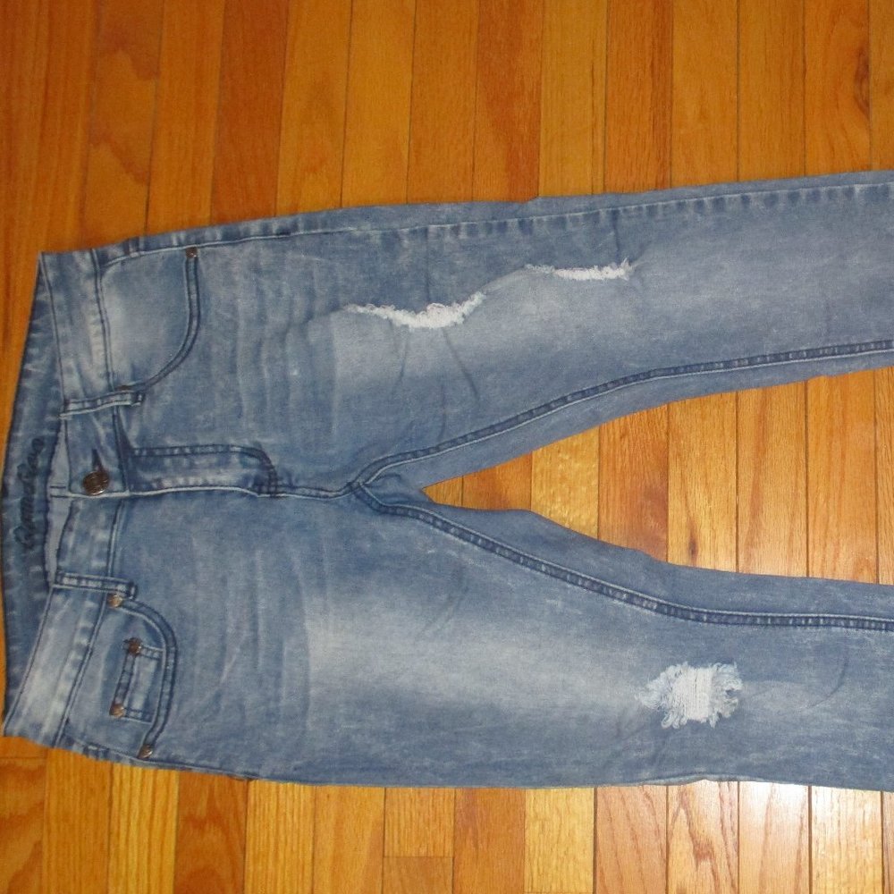 Bamboo Distressed Raw Hem Jeans, Two-Toned At Bottom, Size 7/8